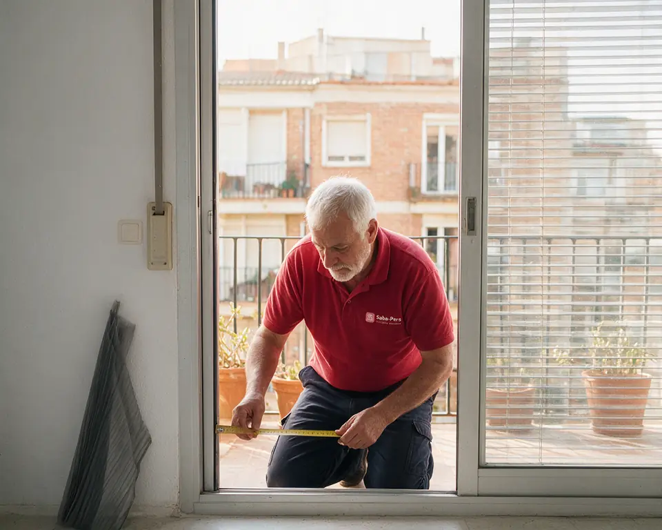 Persianista midiendo una puerta de balcón para colocar una mosquitera plisada lateral
