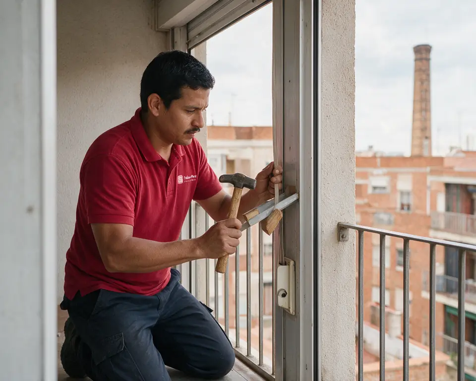 Técnico enderezando la guía lateral de una persiana en un balcón de un bloque de ladrillo de Sabadell
